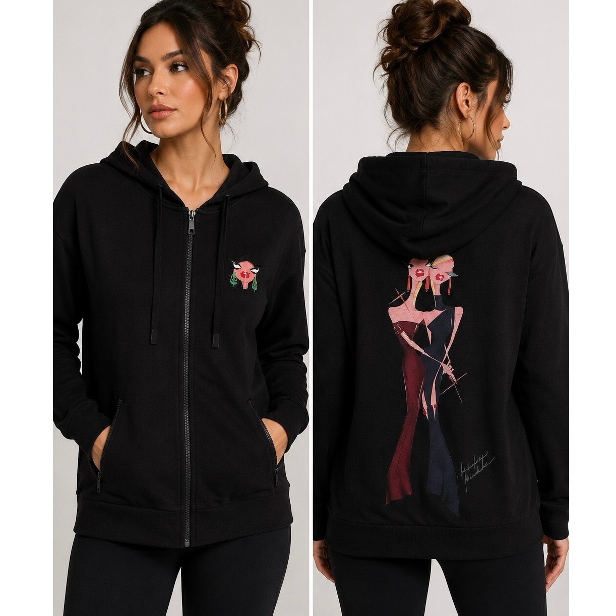 Badgley Mischka Black Zip Hoodie Graphic Original Artwork Embroidered Logo Sz M